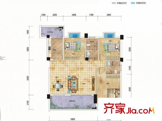 九個半島E3戶型（2-10F） 3室2廳2衛(wèi)1廚