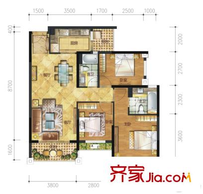 漢軍五象一號1-4號樓01戶型 3室2廳2衛(wèi)1廚