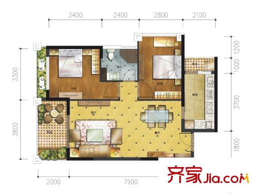 漢軍五象一號1-4號樓03戶型 2室2廳1衛(wèi)1廚