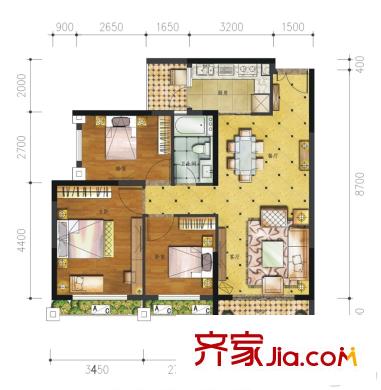 漢軍五象一號1-4號樓02戶型 3室2廳1衛(wèi)1廚