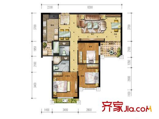 漢軍五象一號5#01戶型 3室2廳2衛(wèi)1廚