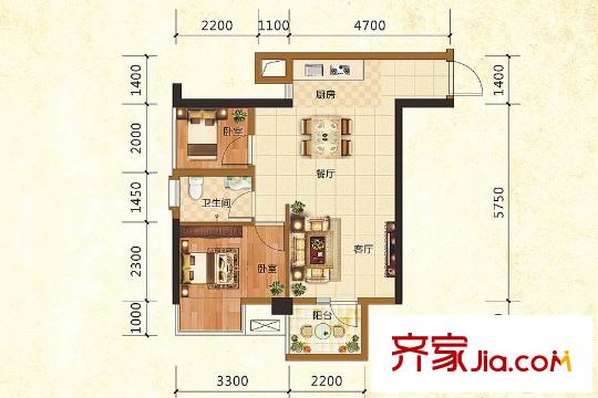 鼎華福邸1#C戶型 2室2廳1衛(wèi)1廚