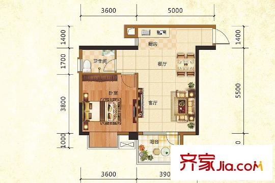 鼎華福邸3#C戶型 1室2廳1衛(wèi)1廚