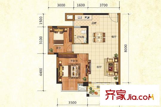 鼎華福邸1#D戶型 2室2廳1衛(wèi)1廚