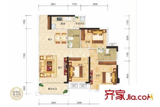 瀚林名門9棟01戶型 3室2廳2衛(wèi)1廚
