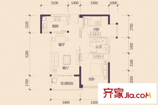 盛天青山郡3#一單元01/二單元03戶型 2室2廳1衛(wèi)1廚