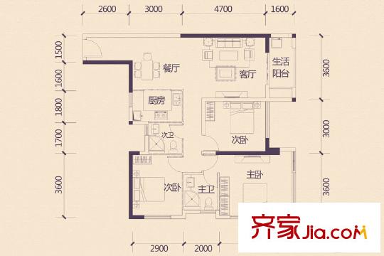 盛天青山郡3#二單元01戶型 3室2廳2衛(wèi)1廚