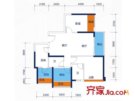 云星華府2號(hào)樓二單元03戶型 3室2廳2衛(wèi)1廚