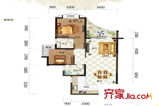 德利海北海一期6、7#棟0205戶(hù)型 2室2廳2衛(wèi)1廚