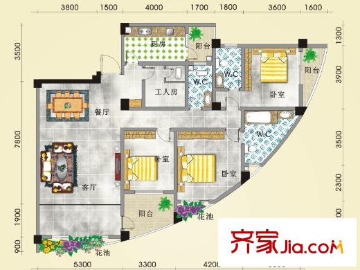 恒大蘋果園九瓏臺金26-29號樓01、05戶型 3室2廳3衛(wèi)