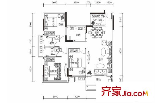 盛天領域20號樓1單元01/2單元02戶型 3室2廳2衛(wèi)1廚