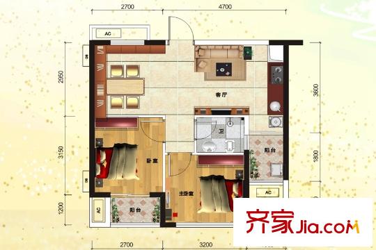 保利愛(ài)琴海3#H戶型 2室2廳1衛(wèi)1廚