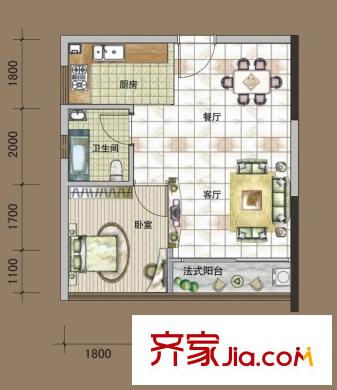天健國際公館B戶型 1室2廳1衛(wèi)1廚