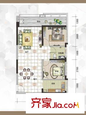 天健國際公館C1戶型（B座公寓區(qū)）2012-04-13  1室2廳1衛(wèi)1廚