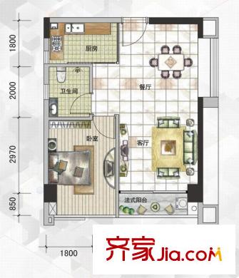 天健國際公館A4戶型 1室2廳1衛(wèi)1廚