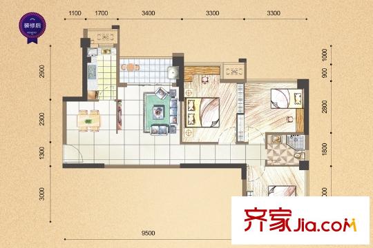 恒宇國際公館1#樓01戶型 3室2廳1衛(wèi)1廚