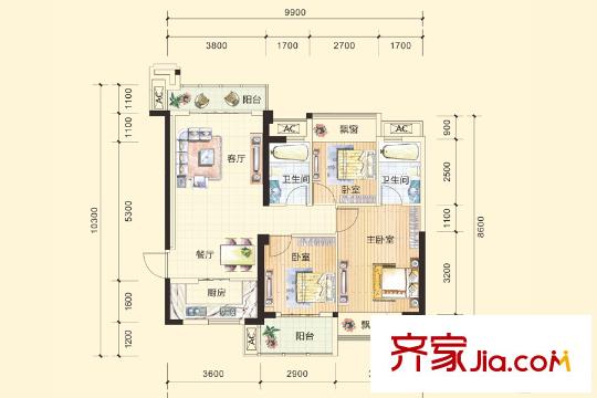 隆源華府1/2號(hào)樓05戶型 3室2廳2衛(wèi)1廚