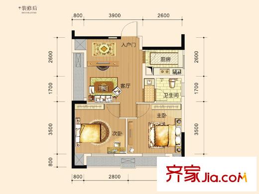 騁望劍橋郡D棟1單元01號/2單元01號A戶型 2室1廳1衛(wèi)1廚