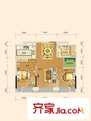 騁望劍橋郡A1/A2棟E戶型 2室2廳1衛(wèi)1廚