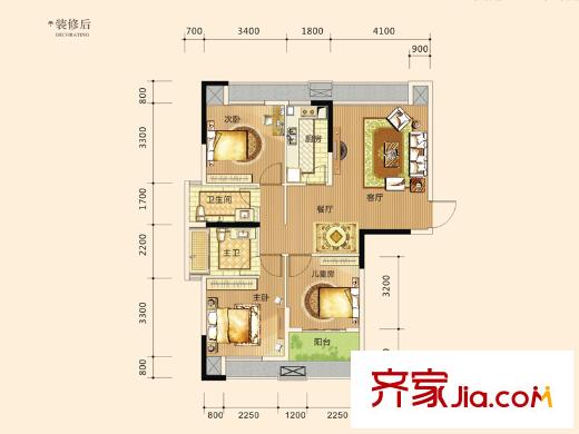騁望劍橋郡D棟1單元02號/2單元03號B戶型 3室2廳2衛(wèi)1廚