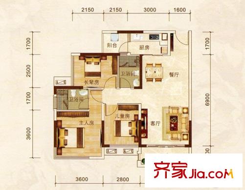 瀚林君庭2#樓2-02戶型 3室2廳2衛(wèi)1廚