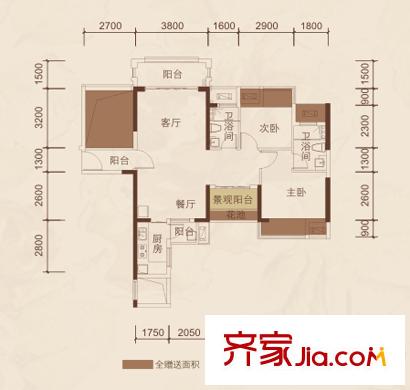 瀚林君庭3#樓1-04戶型 3室2廳2衛(wèi)1廚