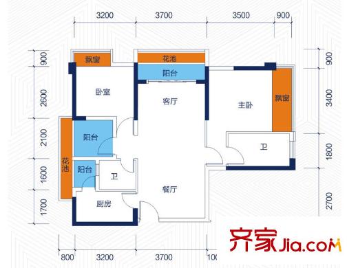 云星華府2號(hào)樓二單元02戶型 3室2廳2衛(wèi)1廚