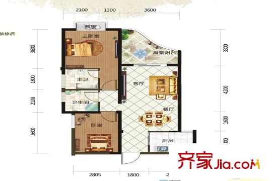 德利海北海一期8#0207戶型 2室2廳2衛(wèi)1廚