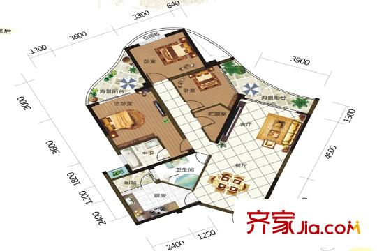 德利海北海一期6、7#棟0304戶(hù)型 3室2廳2衛(wèi)1廚