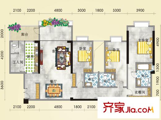 恒大蘋果園九瓏臺30#202~2102戶型 4室2廳3衛(wèi)