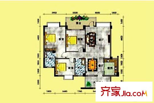 恒大蘋果園22#01戶型 3室2廳2衛(wèi)1廚