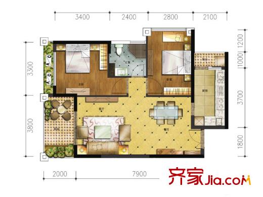 漢軍五象一號6#03戶型 2室2廳1衛(wèi)1廚