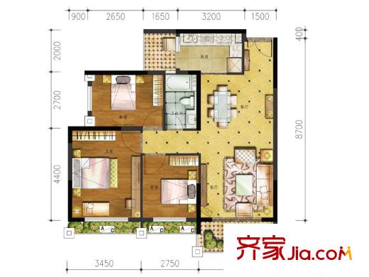 漢軍五象一號6#02戶型 3室2廳1衛(wèi)1廚