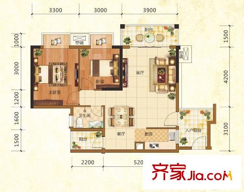 鼎華福邸2#01戶型 2室2廳1衛(wèi)1廚