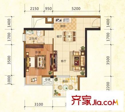 鼎華福邸2#03/07戶型 1室2廳1衛(wèi)1廚