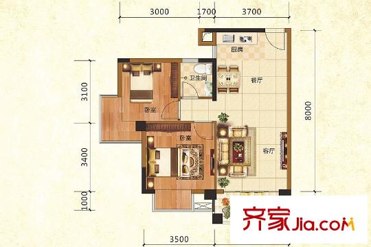 鼎華福邸3#D戶型 2室2廳1衛(wèi)1廚