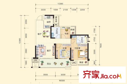 隆源華府9號(hào)樓02戶型 3室2廳2衛(wèi)1廚