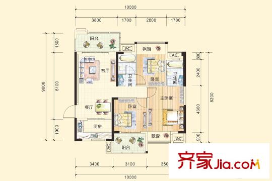 隆源華府9號樓05戶型 3室2廳2衛(wèi)1廚