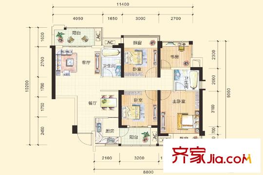 隆源華府1/2號樓03戶型 4室2廳2衛(wèi)1廚