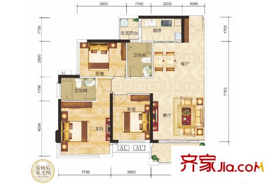 瀚林名門9棟02戶型 3室2廳2衛(wèi)1廚