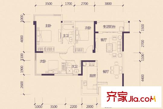 盛天青山郡3#一單元05戶型 3室2廳2衛(wèi)1廚