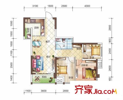 盛天時(shí)代1#、2#1戶型 3室2廳1衛(wèi)