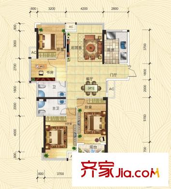 五象麗景5、9、11號樓C1戶型 4室2廳2衛(wèi)1廚