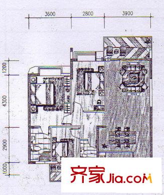 百花苑小區(qū)B-A戶型 3室2廳2衛(wèi)1廚