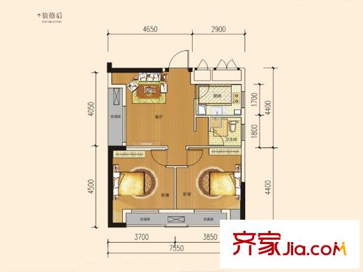 騁望劍橋郡E棟A戶型 2室2廳1衛(wèi)1廚