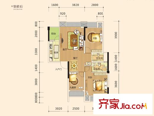 騁望劍橋郡D棟1單元03號/2單元01號C戶型 3室2廳2衛(wèi)1廚