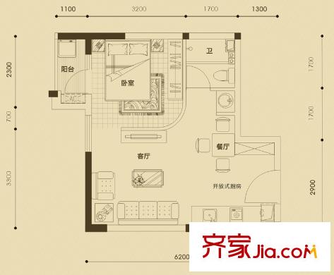 正恒國際廣場12#樓A-03戶型 1室2廳1衛(wèi)1廚