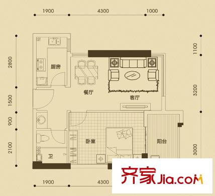 正恒國際廣場12#樓A-10戶型 1室2廳1衛(wèi)1廚