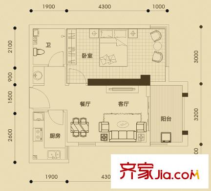 正恒國際廣場12#樓A-09戶型 1室2廳1衛(wèi)1廚
