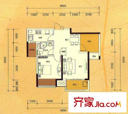 融晟公園大地A區(qū)14#樓1單元02、2單元02戶型 1室2廳1衛(wèi)1廚